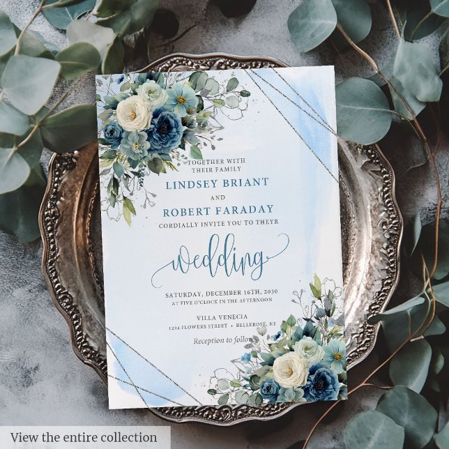 Lättsinnig inbjudan till Mörk blått bröllopsinbjud (Lovely Dark Blue Silver Roses Wedding Invitation)