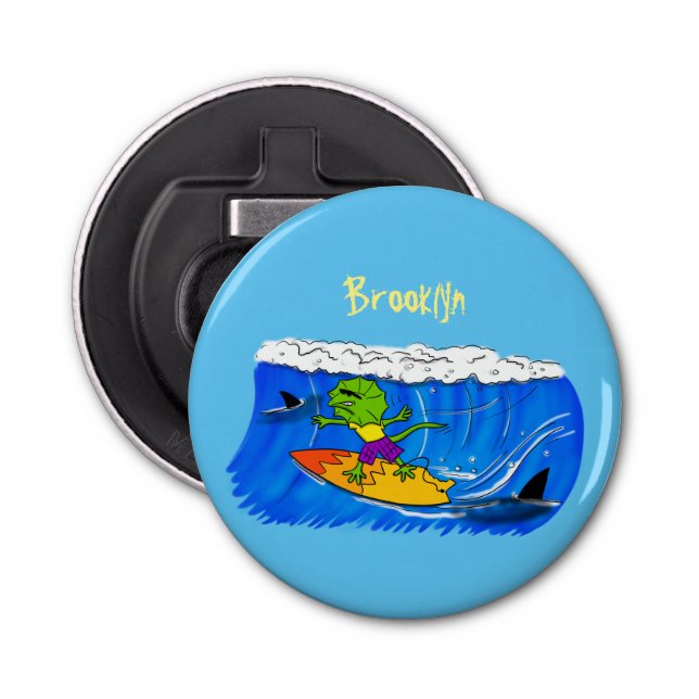 Lättskrämd nacke-ödla surfing tecknad flasköppnare (Framsidan)