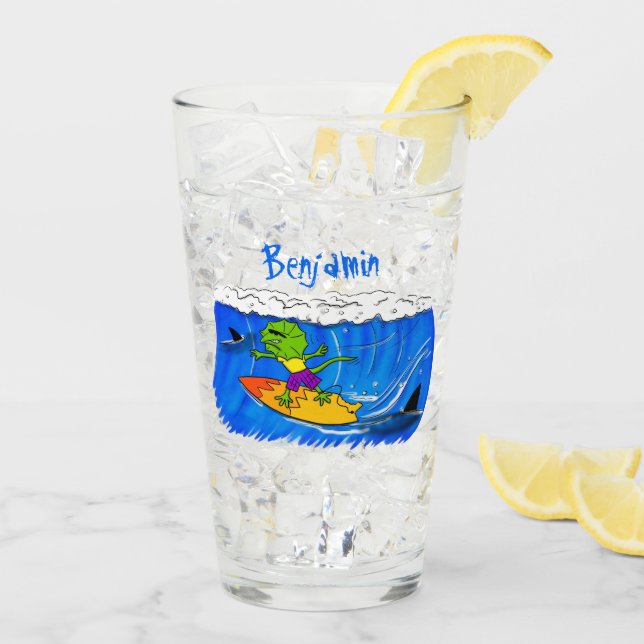 Lättskrämd nacke-ödla surfing tecknad glaskopp (Bakside Is)