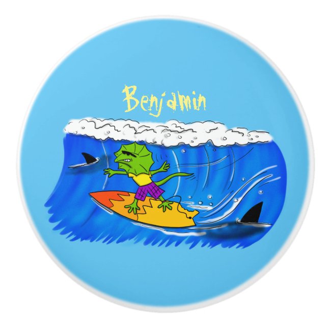 Lättskrämd nacke-ödla surfing tecknad knopp (Framsidan)