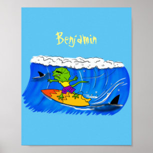 Lättskrämd nacke-ödla surfing tecknad poster