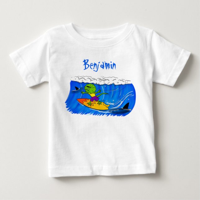 Lättskrämd nacke-ödla surfing tecknad t shirt (Framsida)