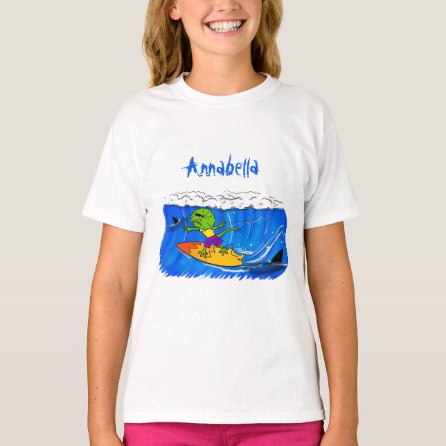 Lättskrämd nacke-ödla surfing tecknad t shirt (Framsida)