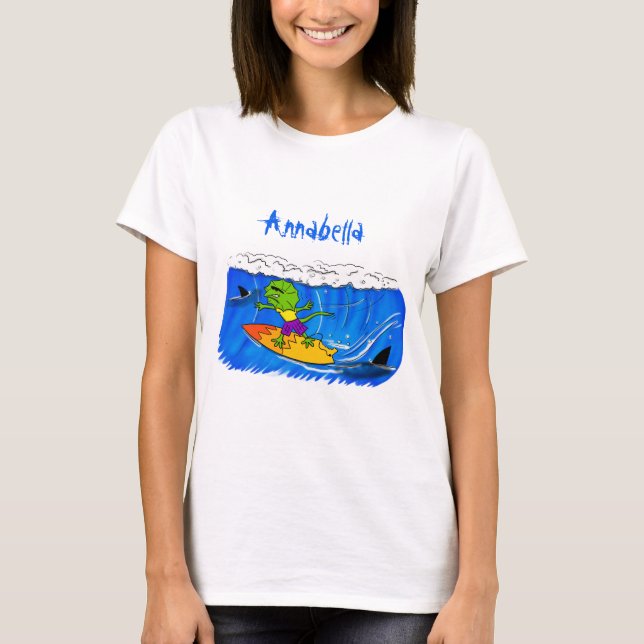 Lättskrämd nacke-ödla surfing tecknad t shirt (Framsida)