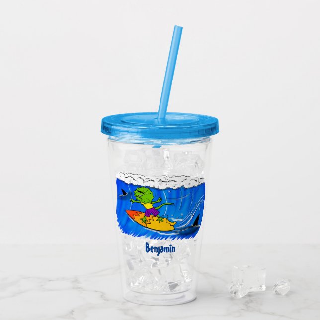 Lättskrämd nacke-ödla surfing tecknad take away mugg (Baksida Ice)