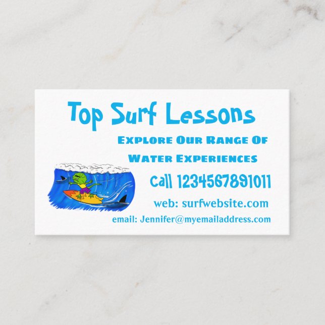 Lättskrämd nacke-ödla surfing tecknad visitkort (Framsida)