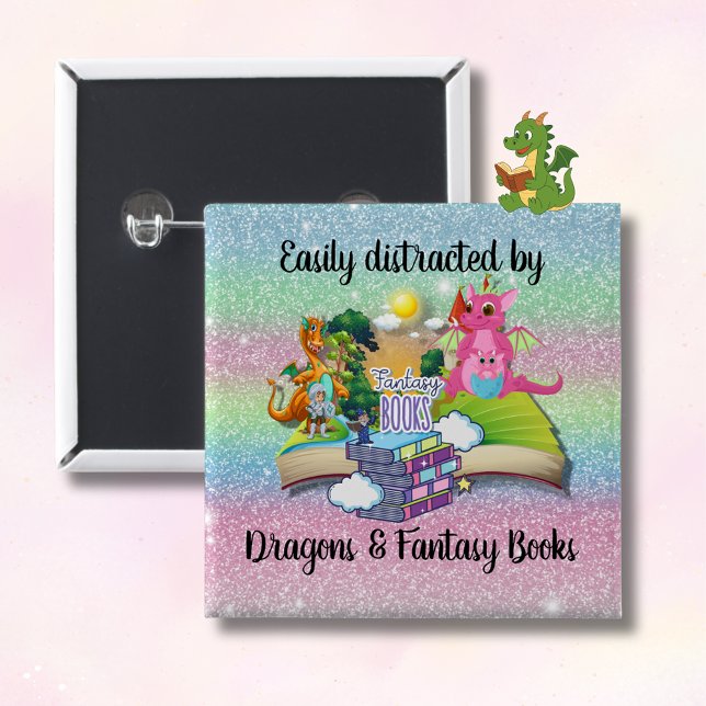 Lättspridd av Dragons och Fantasy Bokar Knapp (Easily distracted by Dragons and Fantasy Books pin with reading dragon
)