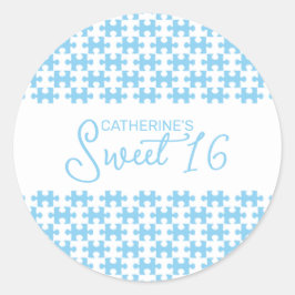Lättt Baby blue Vita Pussel-kontrollerad Sweet 16 Runt Klistermärke