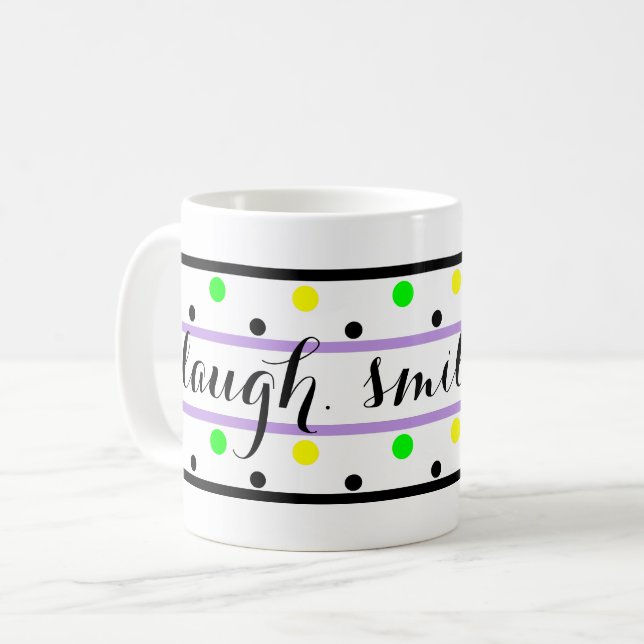 Laugh Quote Lila Gult Grönt Polka dots Kaffemugg (Framsida vänster)