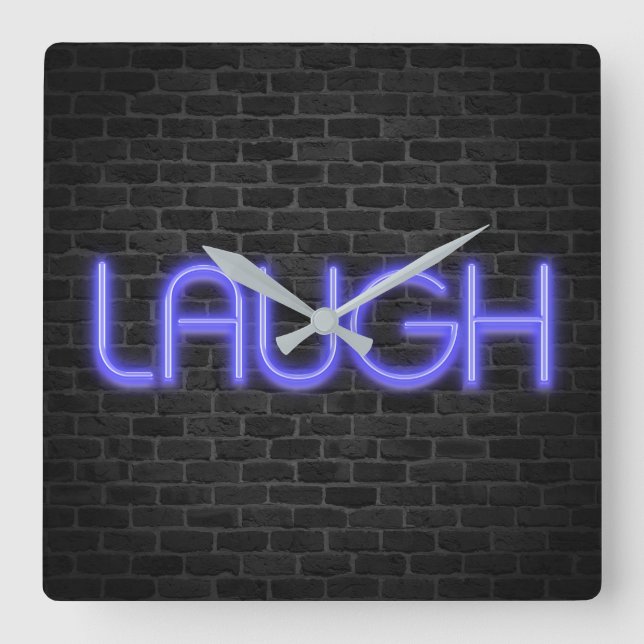 LAUGH-text i neon ljus på tegel Fyrkantig Klocka (Framsida)