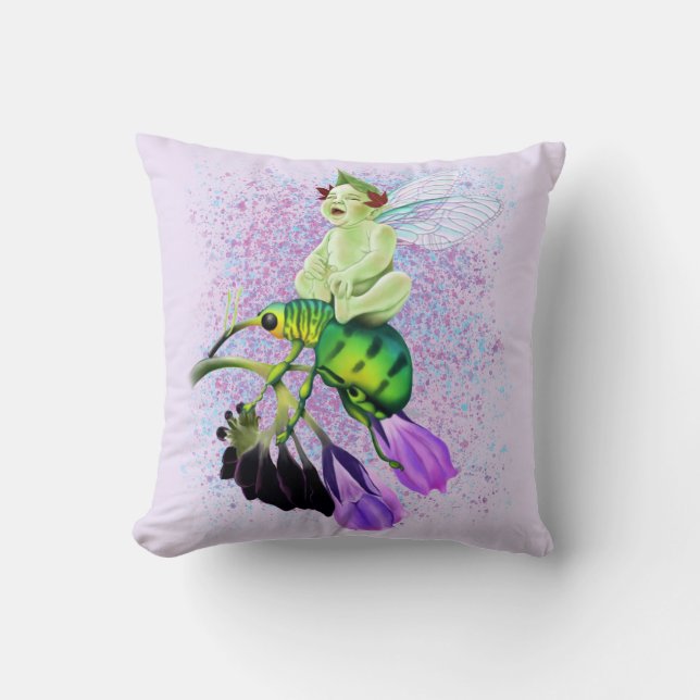 Laughing Baby Pixie Riding a Beetle Kudde (Framsida)