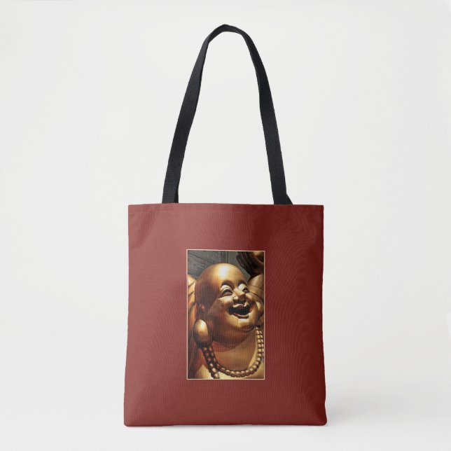 Laughing Buddha Statue Photograph Guld on Red Tygkasse (Framsida)