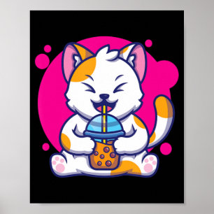 Laughing Cat Neko Kawaii Boba Tea in Anime Stil Poster