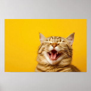 Laughing Ginger Cat on Gult Background - Cute Fu Poster