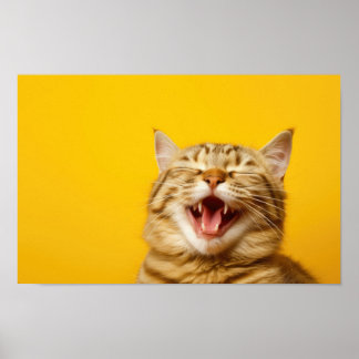 Laughing Ginger Cat on Gult Background - Cute Fu Poster