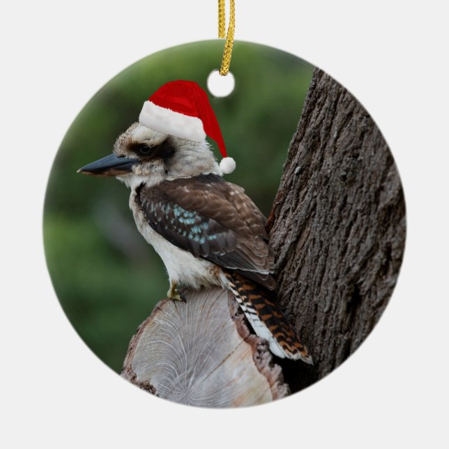 Laughing Kookaburra Bird jul Red Santa Hat Julgransprydnad Keramik (Framsidan)