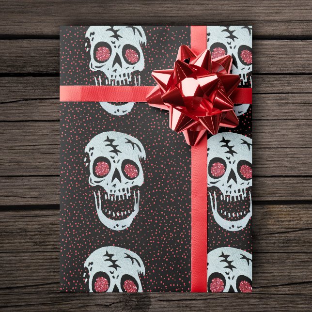 Laughing Red Glitter Öga Skull Presentpapper (Lauging skulls with glitter glowing red eyes on red dots on black gift wrapping paper roll.)