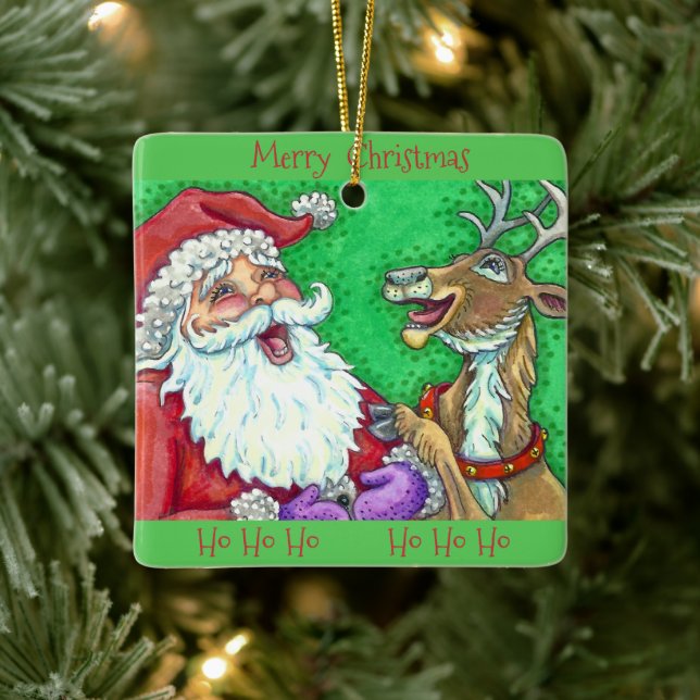 LAUGHING SANTA & REINDEER CHRISTMAS JULGRANSPRYDNAD KERAMIK (Träd)