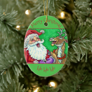 LAUGHING SANTA & REINDEER CHRISTMAS JULGRANSPRYDNAD KERAMIK