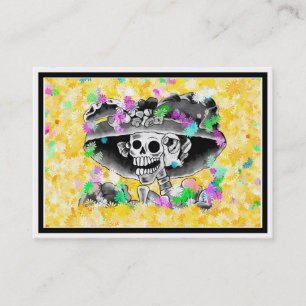Laughing Skeleton Woman in Bonnet on Gult Visitkort