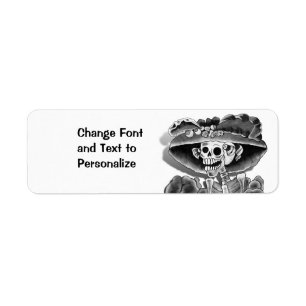 Laughing Skeleton Woman in Bonnet Returadress Etikett