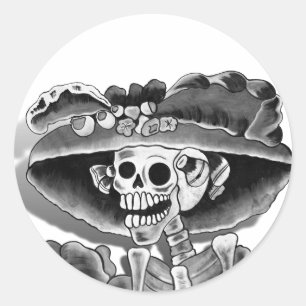 Laughing Skeleton Woman in Bonnet Runt Klistermärke