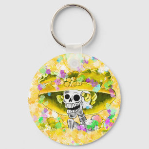 Laughing Skeleton Woman in Gult Bonnet Nyckelring