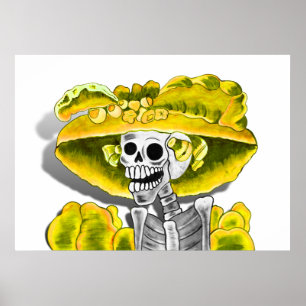 Laughing Skeleton Woman in Gult Bonnet Poster