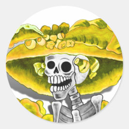 Laughing Skeleton Woman in Gult Bonnet Runt Klistermärke