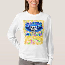 Laughing Skeleton Woman in Gult Bonnet T Shirt