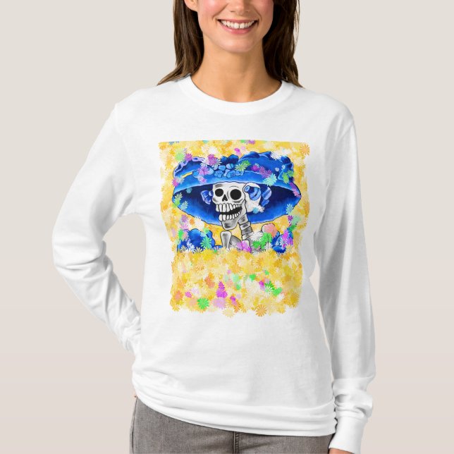Laughing Skeleton Woman in Gult Bonnet T Shirt (Framsida)