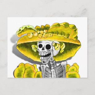 Laughing Skeleton Woman in Gult Bonnet Vykort