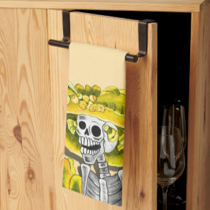 Laughing Skeleton Woman in Gult Kökshandduk