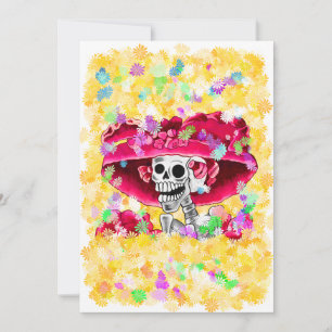 Laughing Skeleton Woman in Red Bonnet