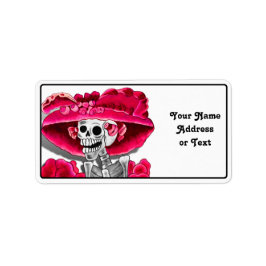 Laughing Skeleton Woman in Red Bonnet Adressetikett