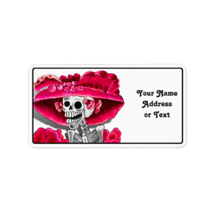 Laughing Skeleton Woman in Red Bonnet Adressetikett