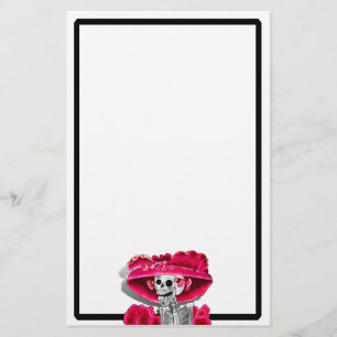 Laughing Skeleton Woman in Red Bonnet Brevpapper