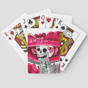 Laughing Skeleton Woman in Red Bonnet Casinokort