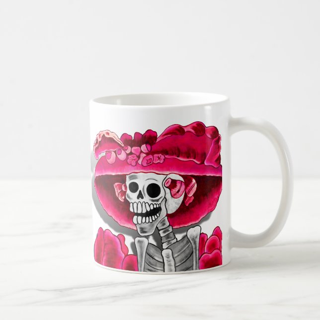 Laughing Skeleton Woman in Red Bonnet Kaffemugg (Höger)