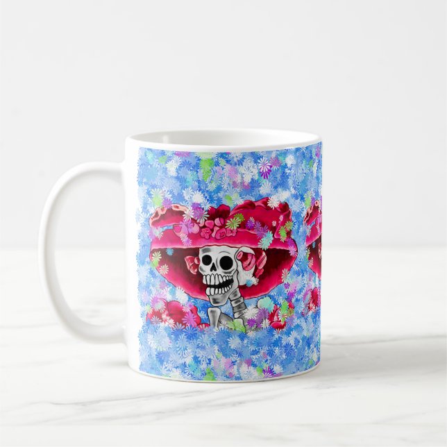 Laughing Skeleton Woman in Red Bonnet Kaffemugg (Vänster)