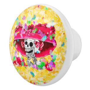 Laughing Skeleton Woman in Red Bonnet Knopp