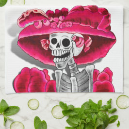 Laughing Skeleton Woman in Red Bonnet Kökshandduk