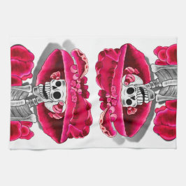 Laughing Skeleton Woman in Red Bonnet Kökshandduk