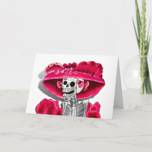 Laughing Skeleton Woman in Red Bonnet Kort