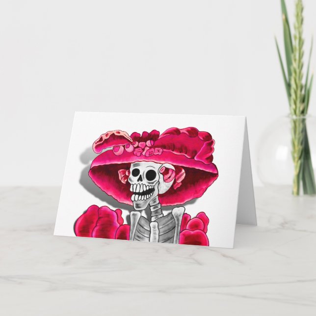 Laughing Skeleton Woman in Red Bonnet Kort (Framsida)