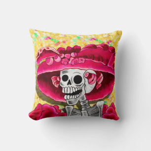 Laughing Skeleton Woman in Red Bonnet Kudde
