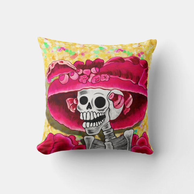 Laughing Skeleton Woman in Red Bonnet Kudde (Framsida)