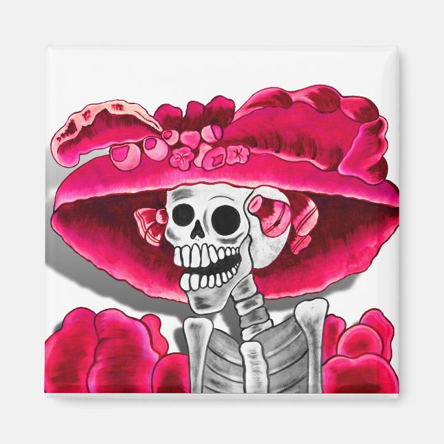 Laughing Skeleton Woman in Red Bonnet Magnet (Framsidan)