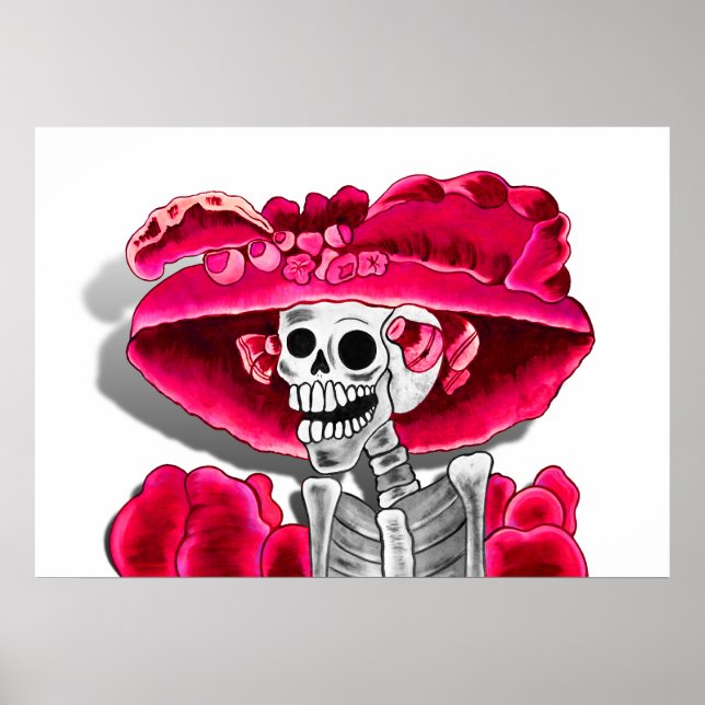 Laughing Skeleton Woman in Red Bonnet Poster (Framsidan)