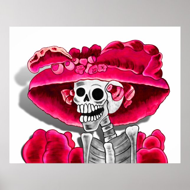Laughing Skeleton Woman in Red Bonnet Poster (Framsidan)